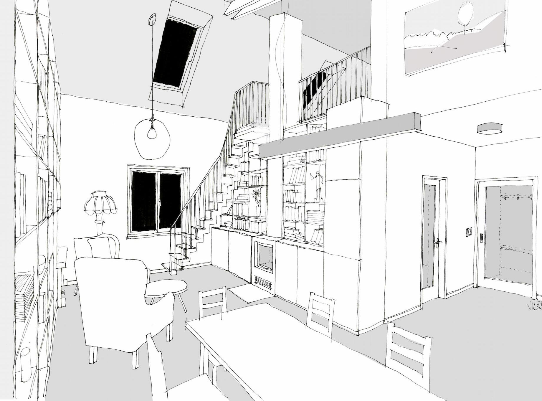 Concept sketch of a living space Open plan living space interior concept